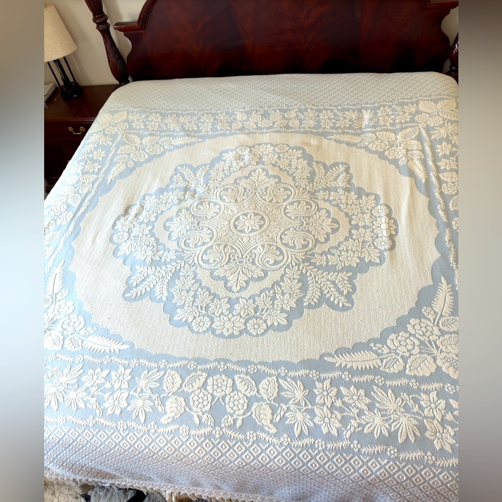 COTTON WOVEN KING BLUE CREAM 6” FRINGE MEDALLION BEDSPREAD 115x115”